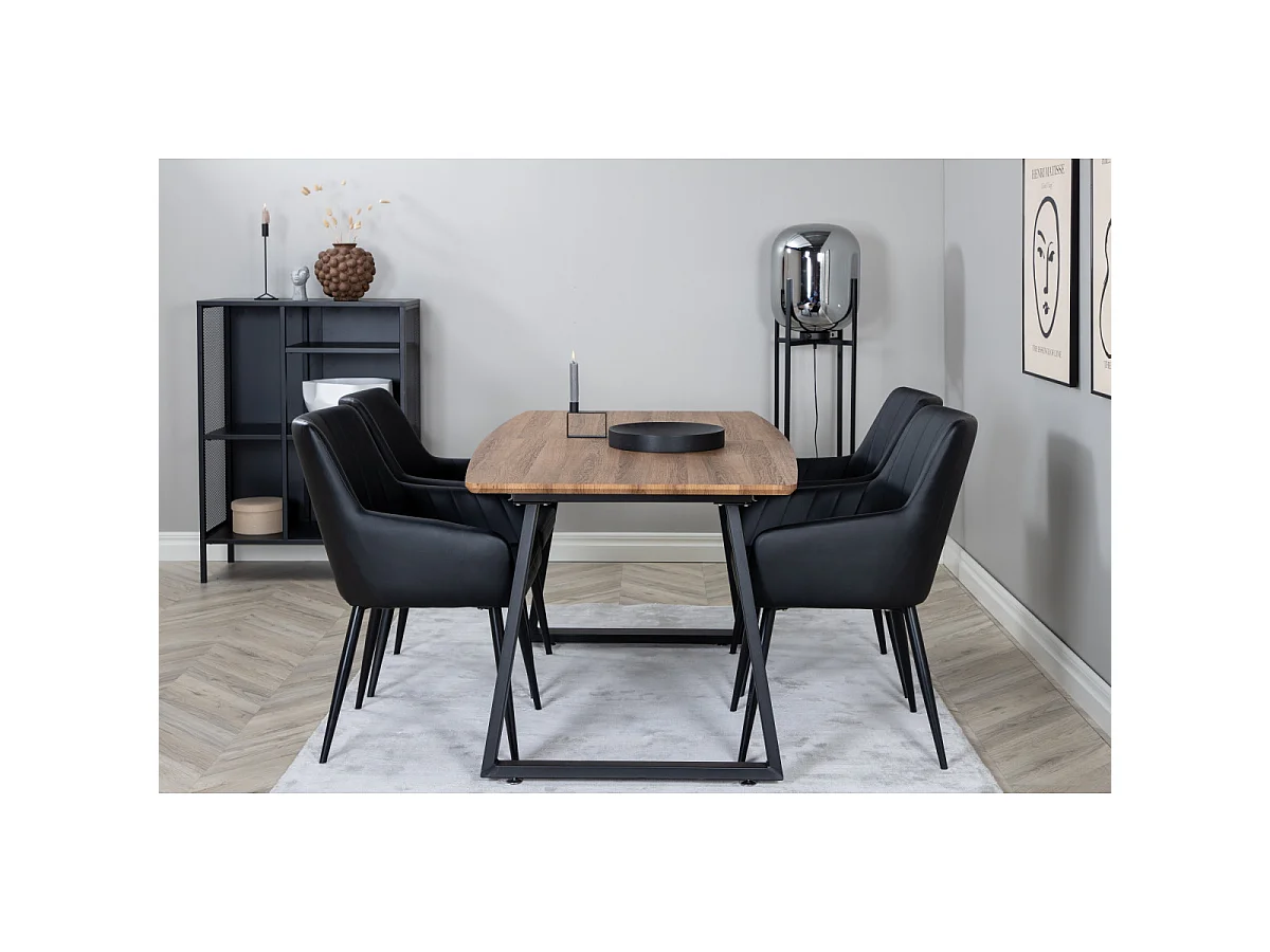 Ensemble Table à Manger Extensible & 4 Chaises "Inca & Comfort" 160-200cm Noyer & Noir