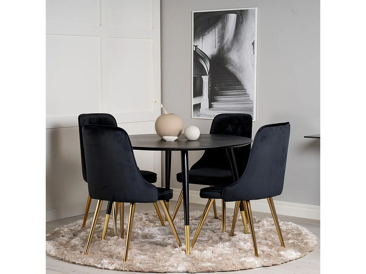 Ensemble Table à Manger & 4 Chaises "Dipp & Deluxe" 115cm Noir & Or