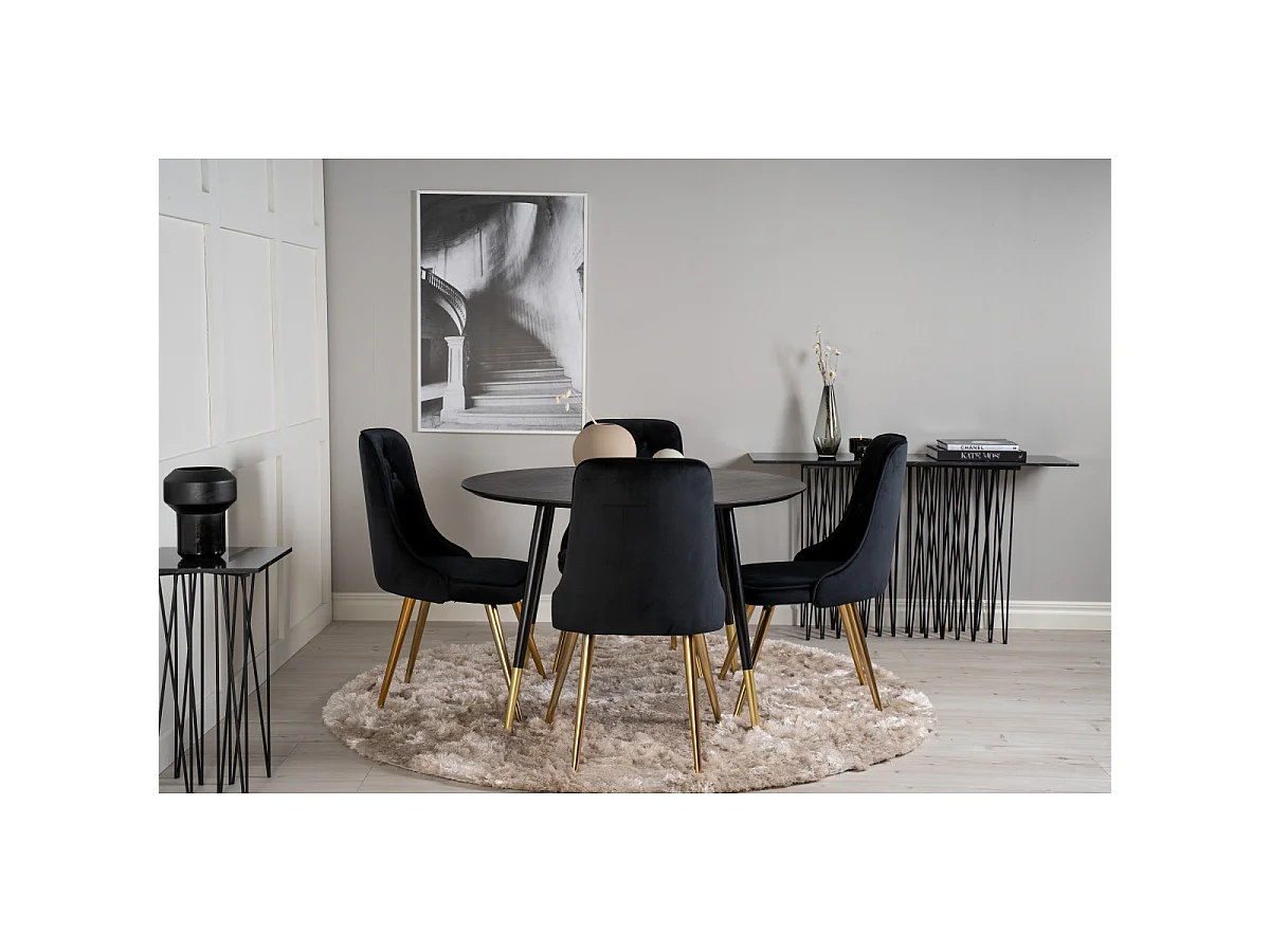Ensemble Table à Manger & 4 Chaises "Dipp & Deluxe" 115cm Noir & Or