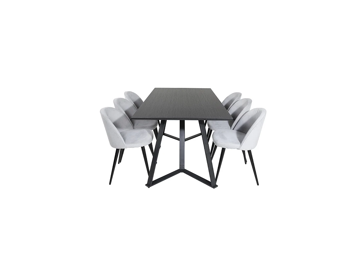 Ensemble Table à Manger & 6 Chaises "Marina & Corduroy" 180cm Noir & Gris