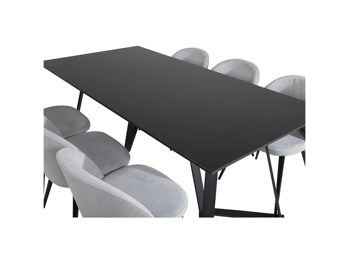Ensemble Table à Manger & 6 Chaises "Marina & Corduroy" 180cm Noir & Gris