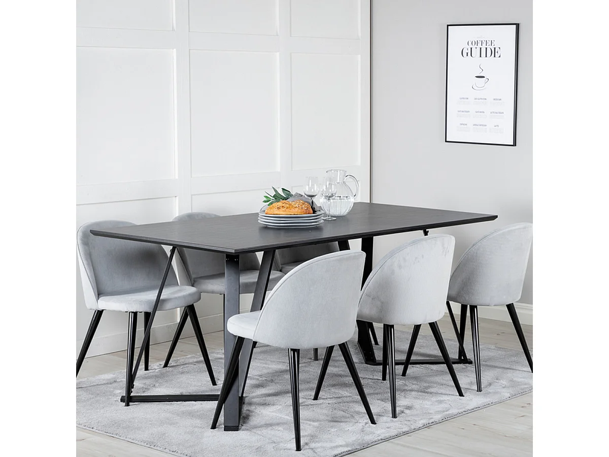 Ensemble Table à Manger & 6 Chaises "Marina & Corduroy" 180cm Noir & Gris