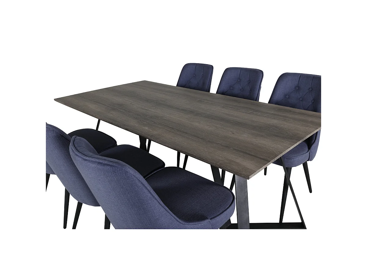Ensemble Table à Manger & 6 Chaises "Marina & Deluxe" 180cm Naturel & Bleu