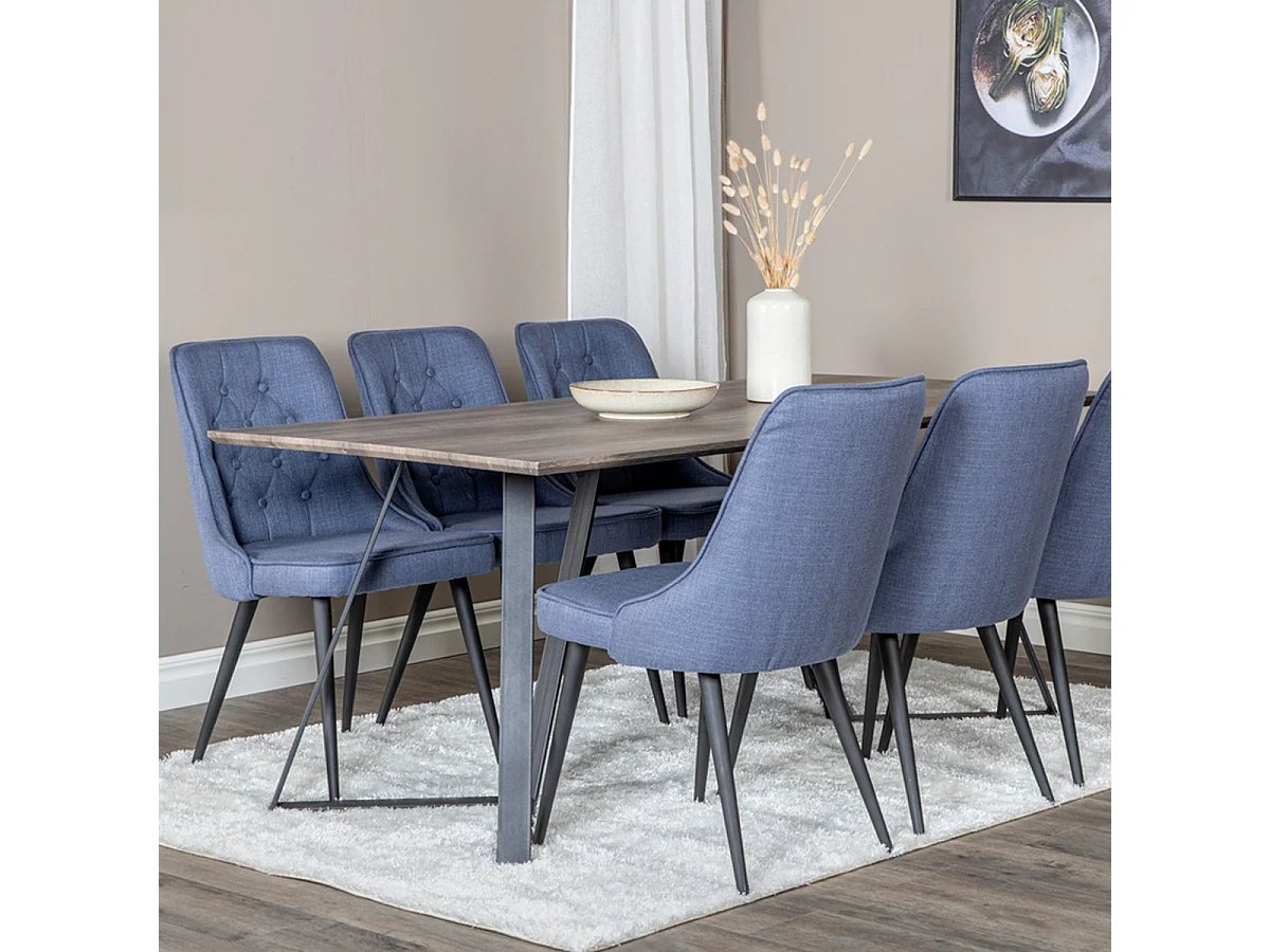 Ensemble Table à Manger & 6 Chaises "Marina & Deluxe" 180cm Naturel & Bleu