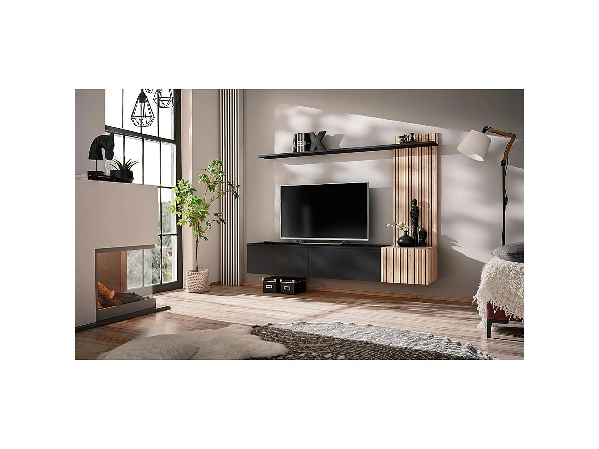 Ensemble Meuble TV à Rayures "Solo" 180cm Noir & Naturel