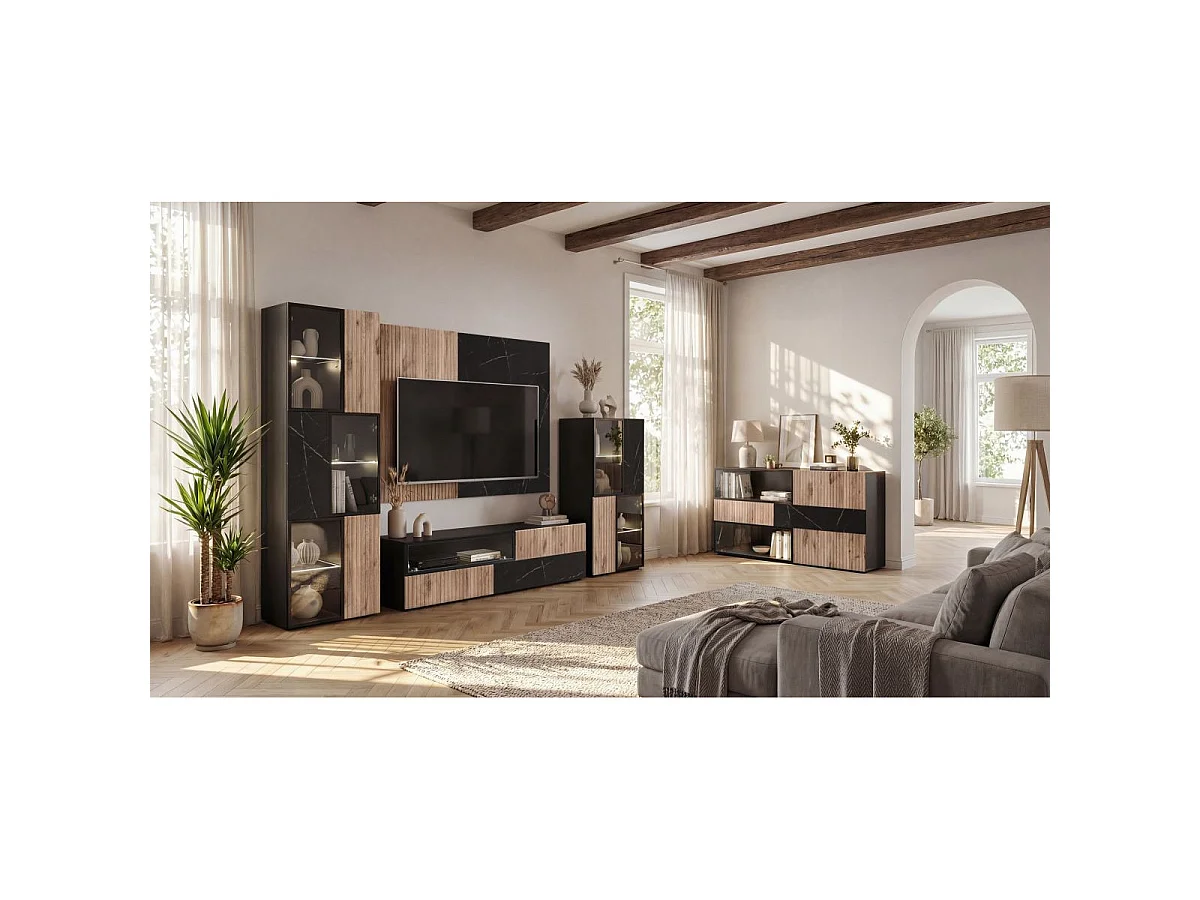 Ensemble Meuble TV Mural "Cannes II" 300cm Noir & Naturel