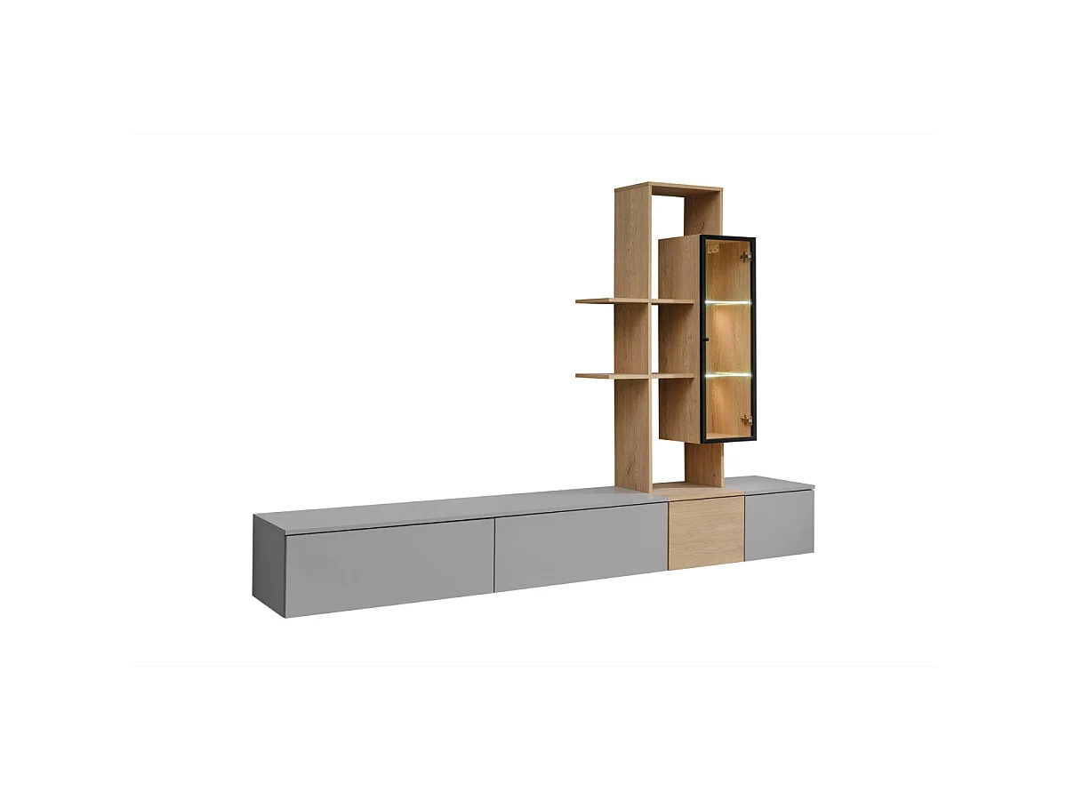 Ensemble Meuble TV Mural "Leo" 240cm Gris & Naturel