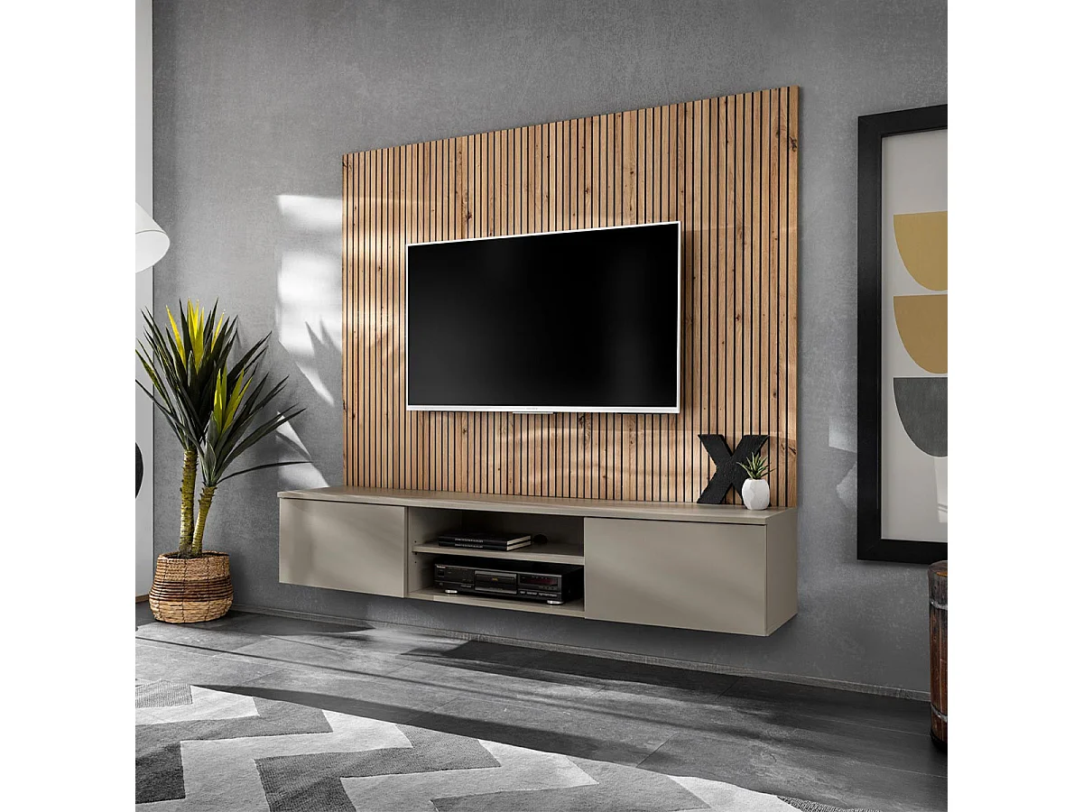 Ensemble Meuble TV Rayure "Xari" 160cm Naturel & Gris Argile