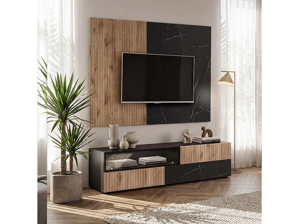 Ensemble Meuble TV Mural "Cannes I" 180cm Noir & Naturel