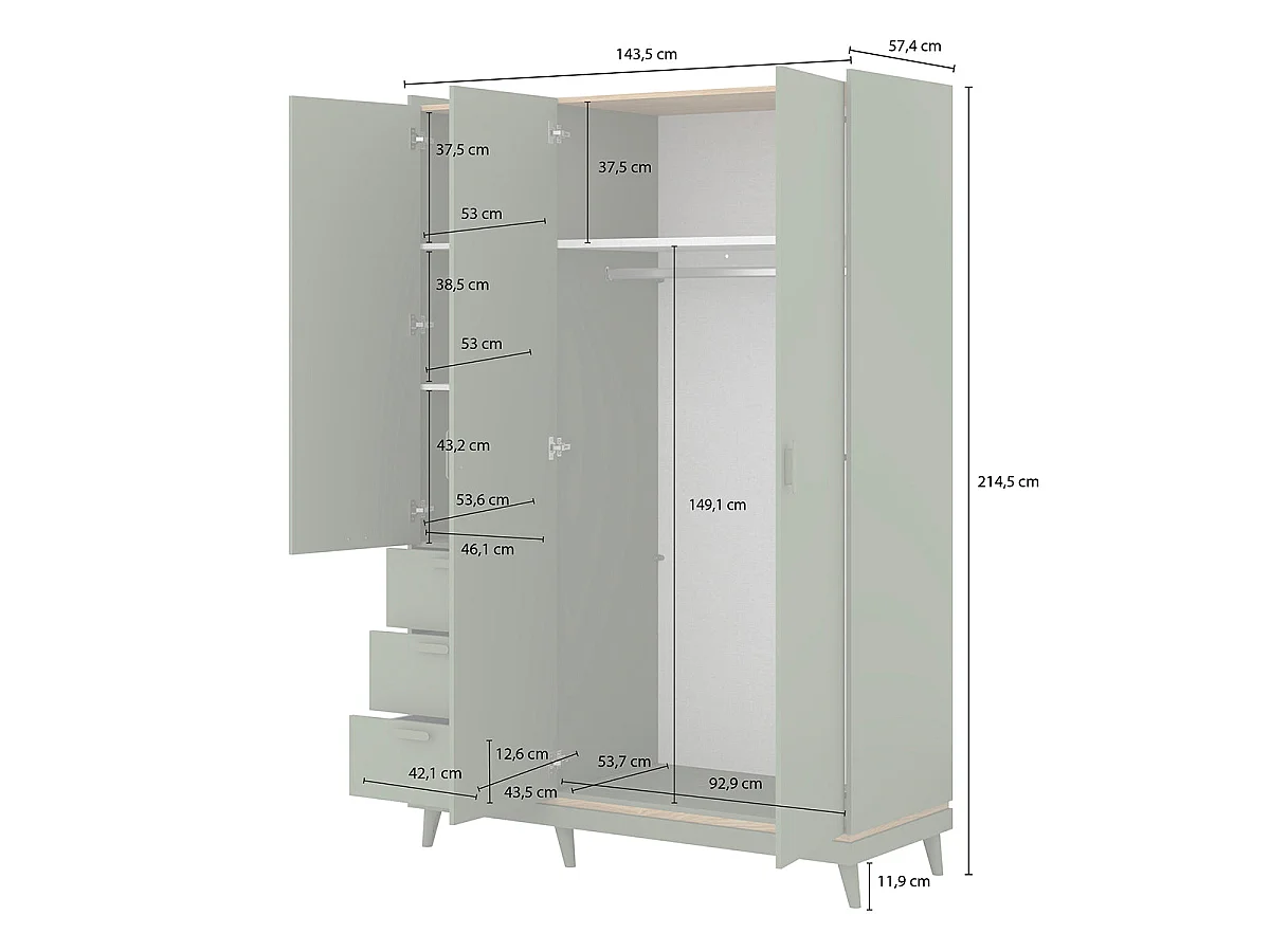 Armadio 3 ante 3 cassetti Sandy verde 214,5cm