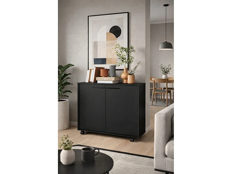 Meuble de Rangement 2 Portes 4 Niches Noir sur Roulettes L 90 H 76.5 P 35.5 cm