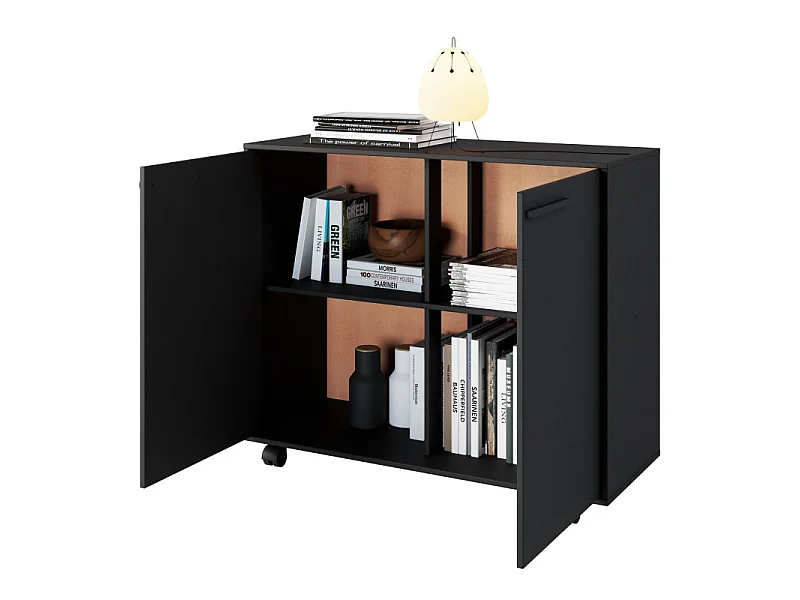 Meuble de Rangement 2 Portes 4 Niches Noir sur Roulettes L 90 H 76.5 P 35.5 cm