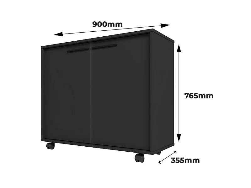 Meuble de Rangement 2 Portes 4 Niches Noir sur Roulettes L 90 H 76.5 P 35.5 cm