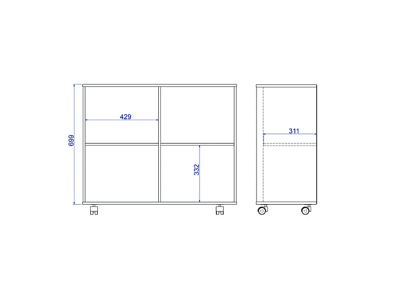 Meuble de Rangement 2 Portes 4 Niches Noir sur Roulettes L 90 H 76.5 P 35.5 cm