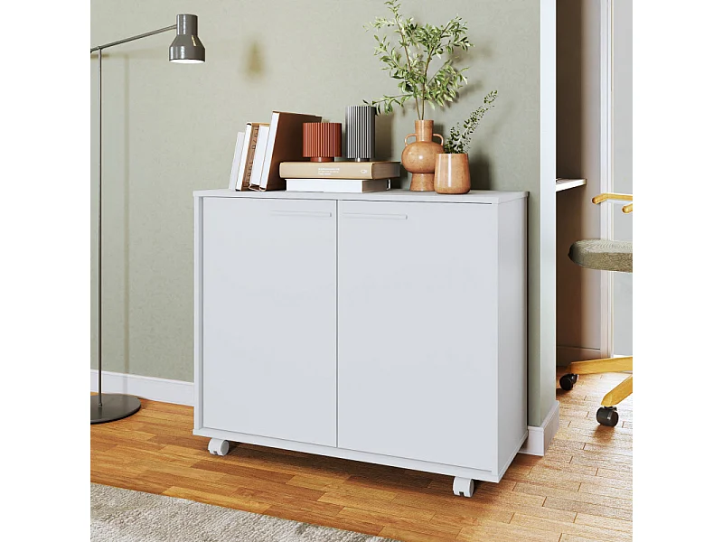 Meuble de Rangement 2 Portes 4 Niches Blanc sur Roulettes L 90 H 76.5 P 35.5 cm