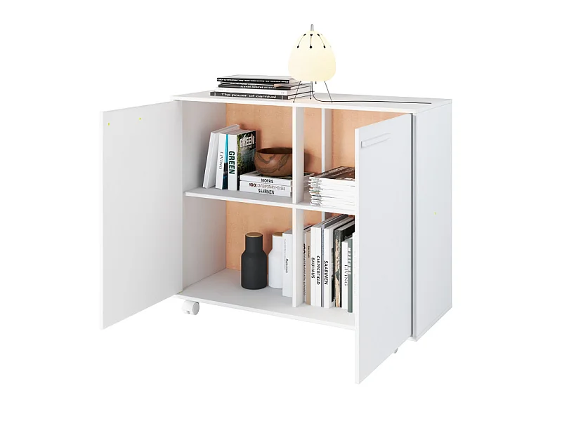 Meuble de Rangement 2 Portes 4 Niches Blanc sur Roulettes L 90 H 76.5 P 35.5 cm