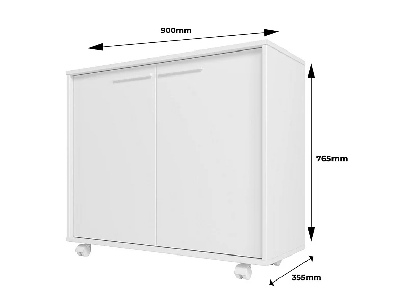 Meuble de Rangement 2 Portes 4 Niches Blanc sur Roulettes L 90 H 76.5 P 35.5 cm