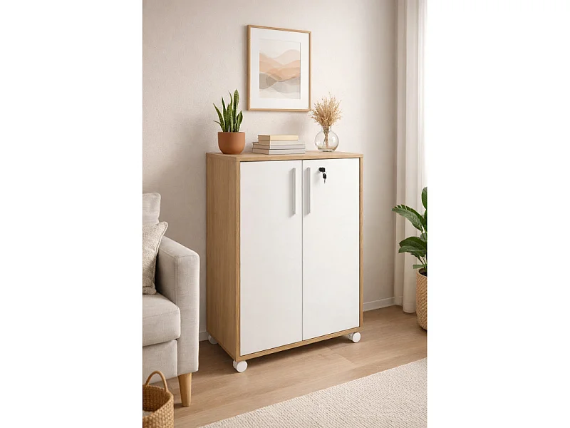 Armoire Basse 2 Portes 2 Niches Blanc et Chêne Sur Roulettes L 53.5 H 74 P 29.4 cm