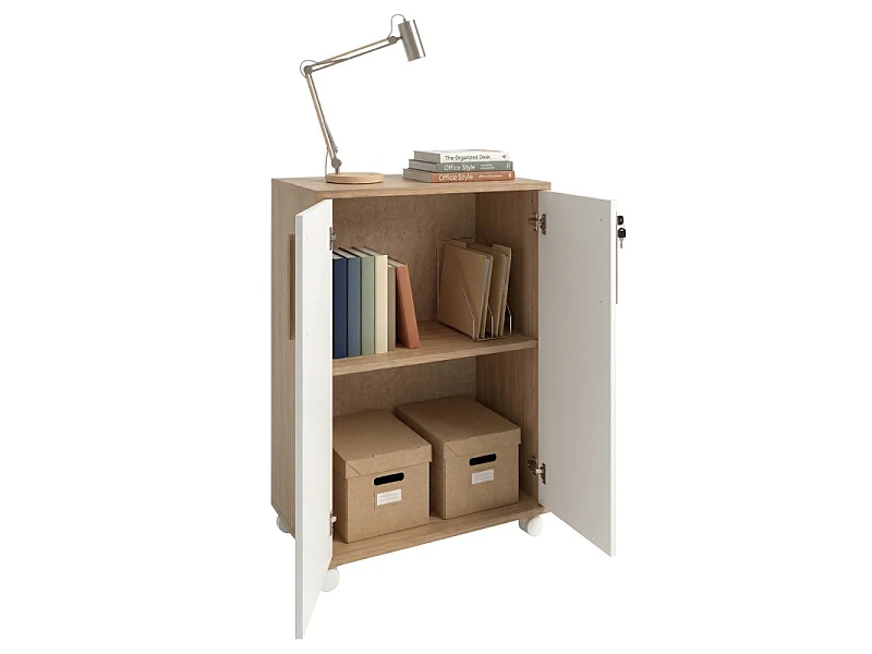 Armoire Basse 2 Portes 2 Niches Blanc et Chêne Sur Roulettes L 53.5 H 74 P 29.4 cm