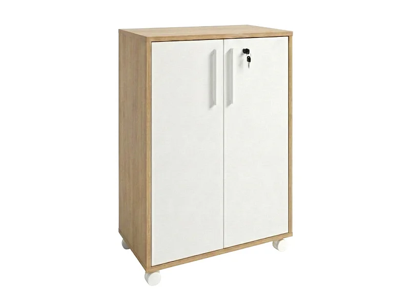 Armoire Basse 2 Portes 2 Niches Blanc et Chêne Sur Roulettes L 53.5 H 74 P 29.4 cm