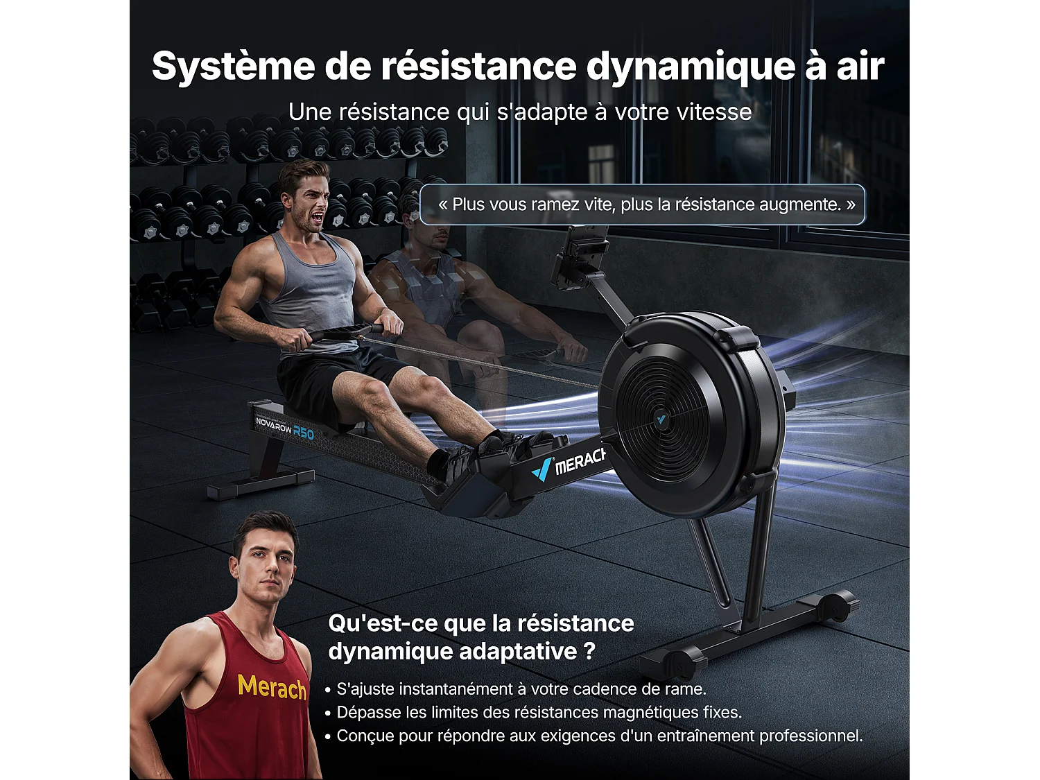 Rameur à air – R50 PRO Air MERACH - 10 Niveaux – Siège Ergonomique - Support téléphone - Bluetooth/App Exclusive