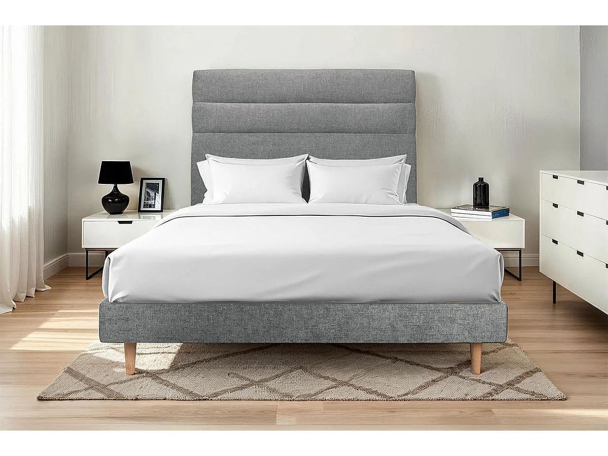 Lit 135x190cm avec tête de lit lignes tissu et sommier kit gris anthracite - Hauteur totale : 29cm