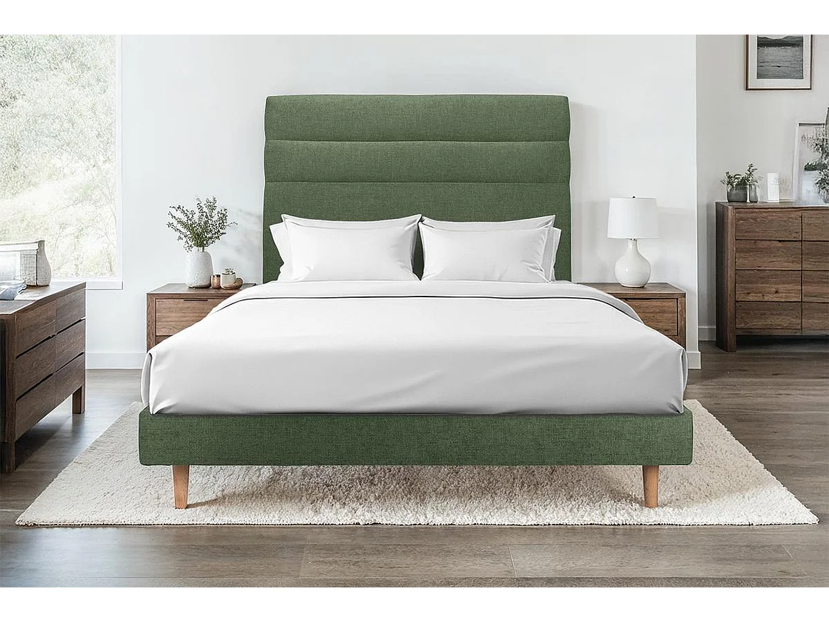 Lit 135x190cm avec tête de lit lignes tissu et sommier kit vert - Hauteur totale : 29cm