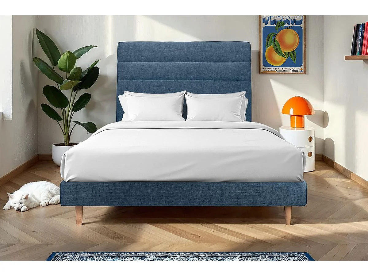 Lit 200x200cm avec tête de lit lignes tissu et sommier kit Bleu - Hauteur totale : 29cm