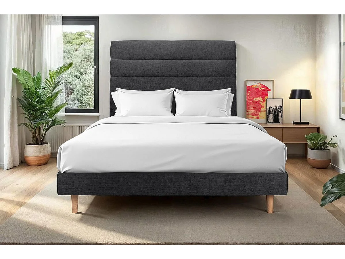 Lit 150x200cm avec tête de lit lignes tissu et sommier kit Noir - Hauteur totale : 29cm