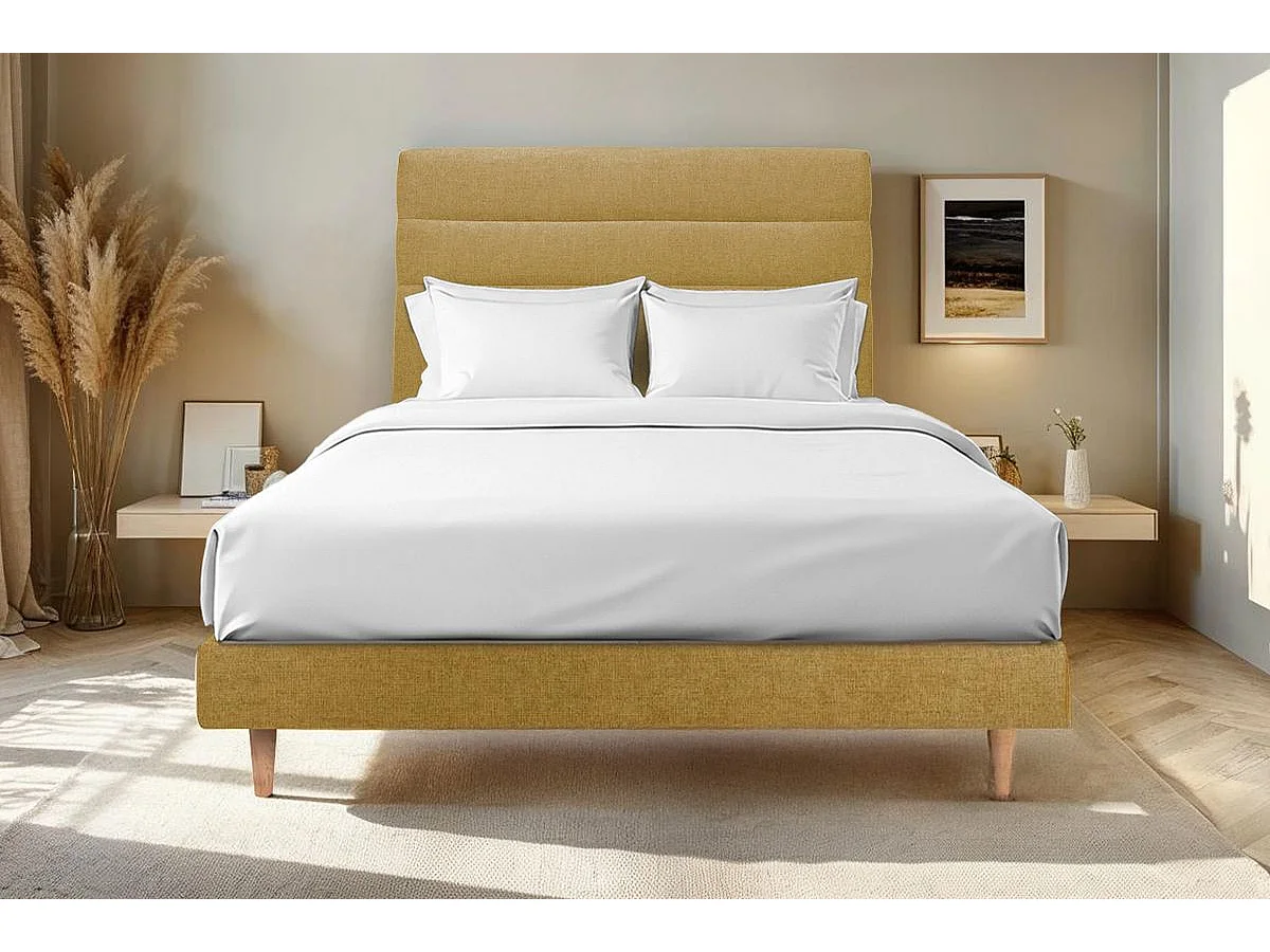 Lit 135x190cm avec tête de lit lignes tissu et sommier kit jaune - Hauteur totale : 29cm