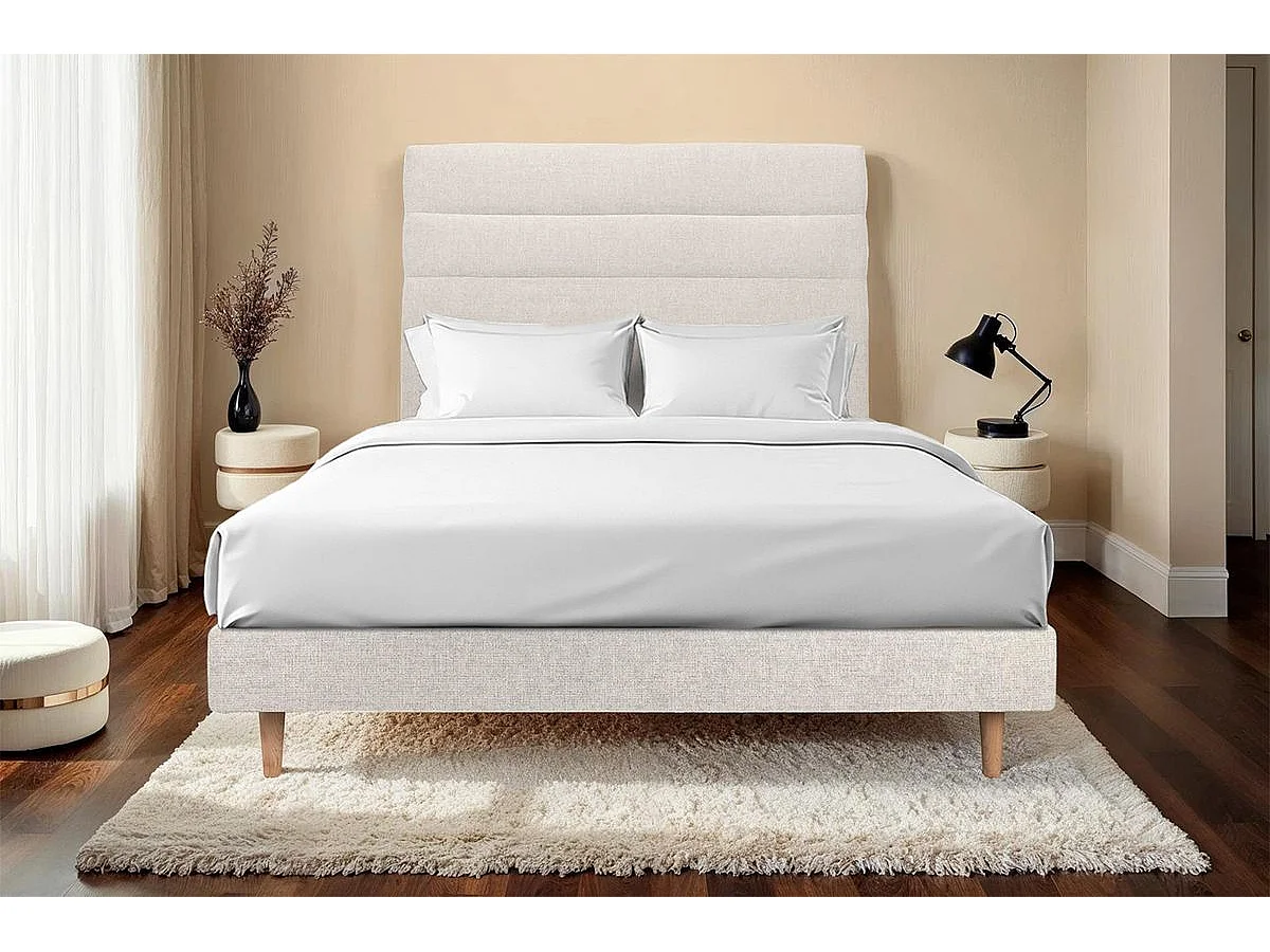 Lit 135x190cm avec tête de lit lignes tissu et sommier kit Beige clair - Hauteur totale : 29cm