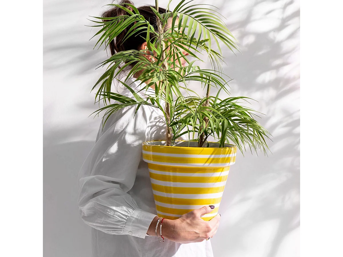 Pot Avec Soucoupe en Céramique "Granada Rayure" 27cm Jaune