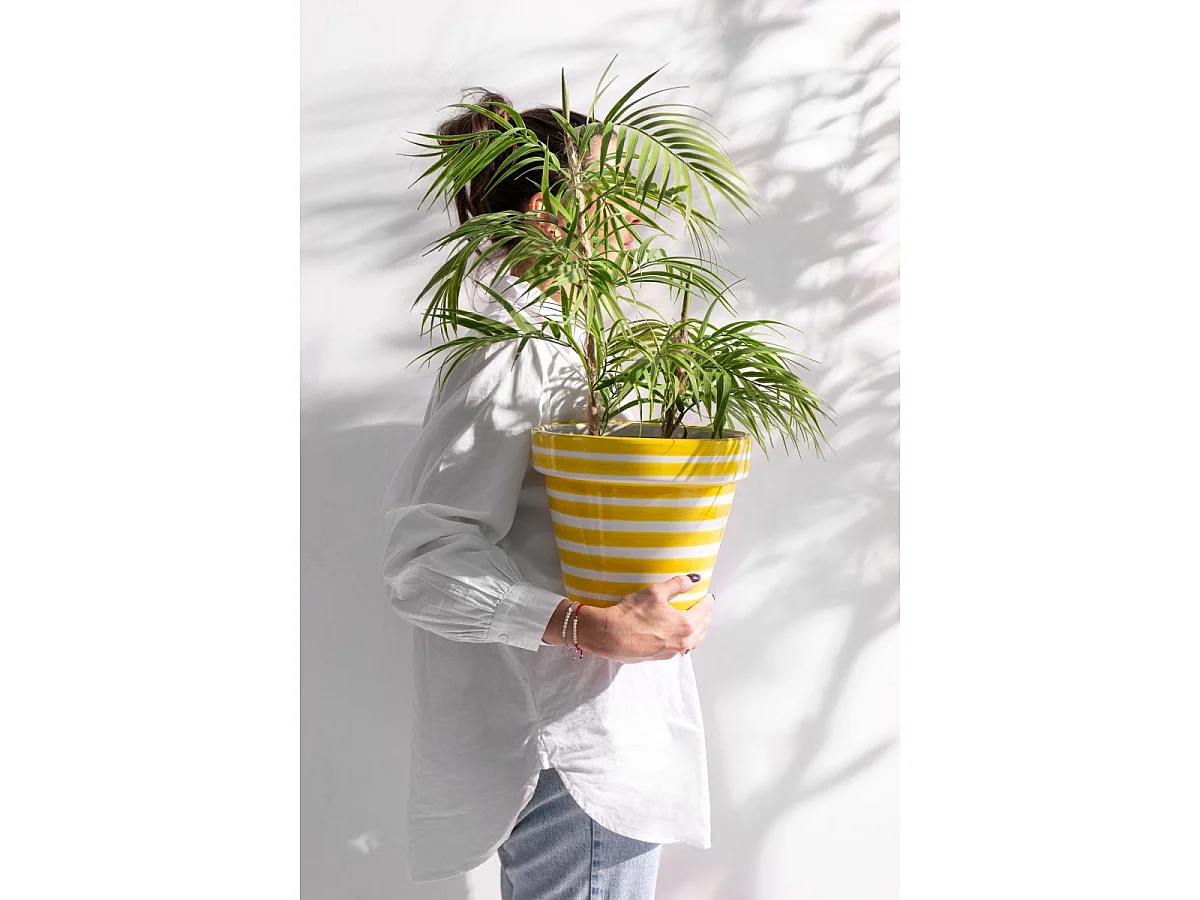 Pot Avec Soucoupe en Céramique "Granada Rayure" 27cm Jaune