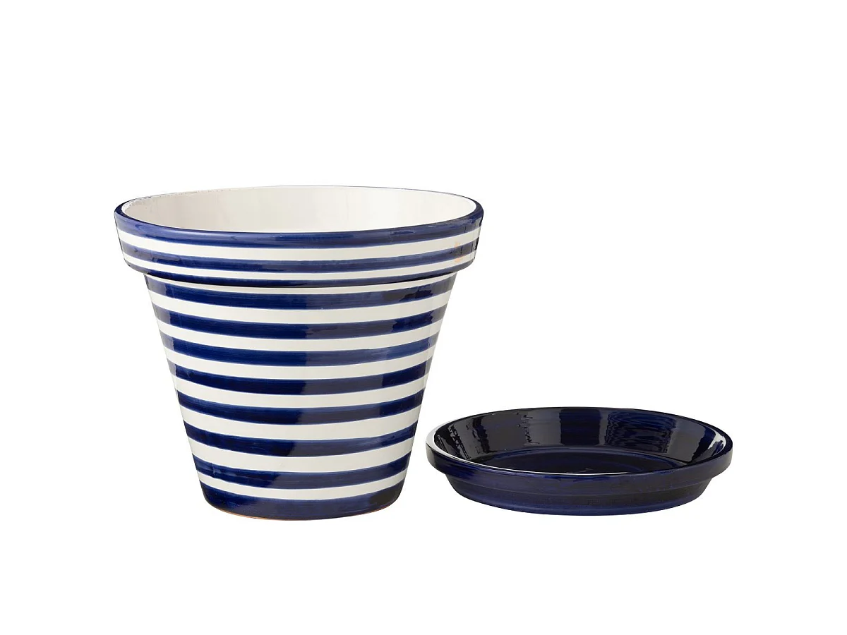 Pot Avec Soucoupe en Céramique "Granada Rayure" 50cm Bleu Cobalt