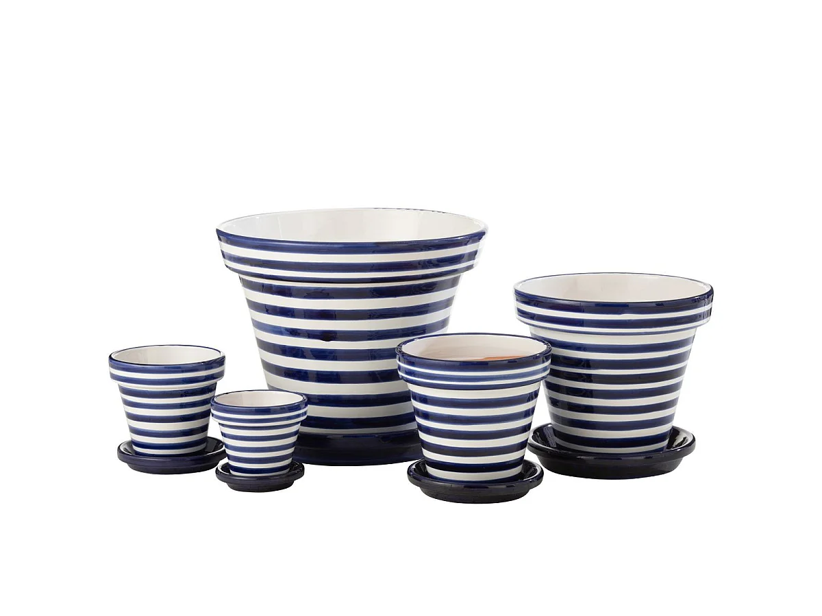 Pot Avec Soucoupe en Céramique "Granada Rayure" 50cm Bleu Cobalt