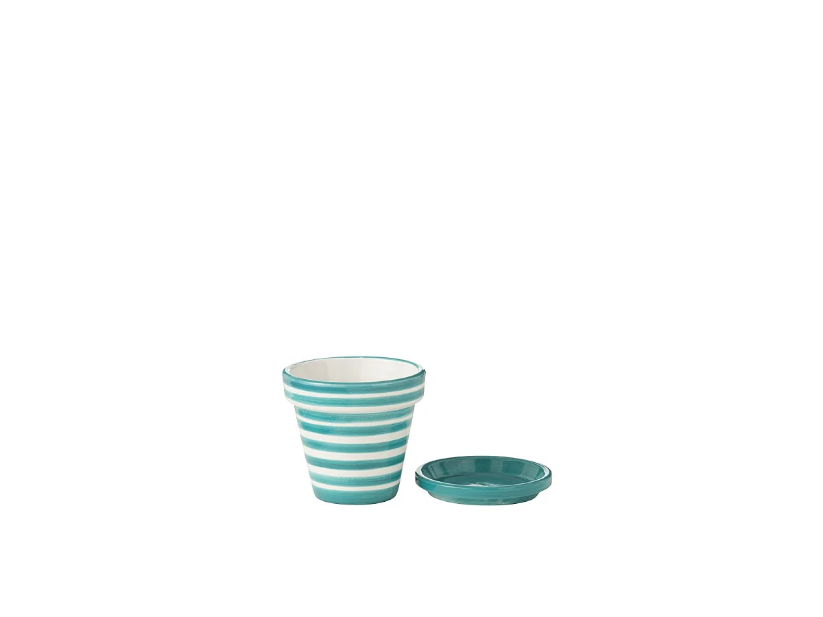 Pot Avec Soucoupe en Céramique "Granada Rayure" 21cm Bleu Aqua