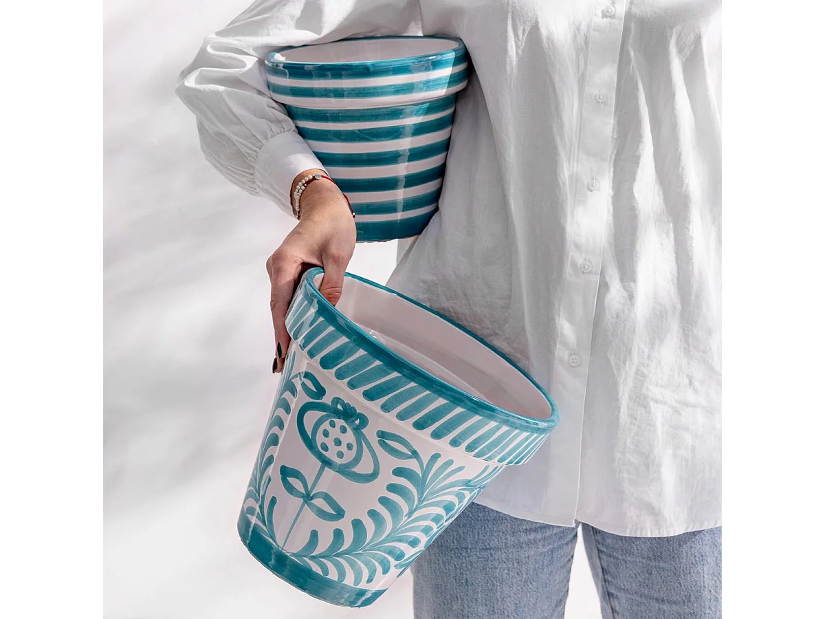 Pot Avec Soucoupe en Céramique "Granada Rayure" 21cm Bleu Aqua