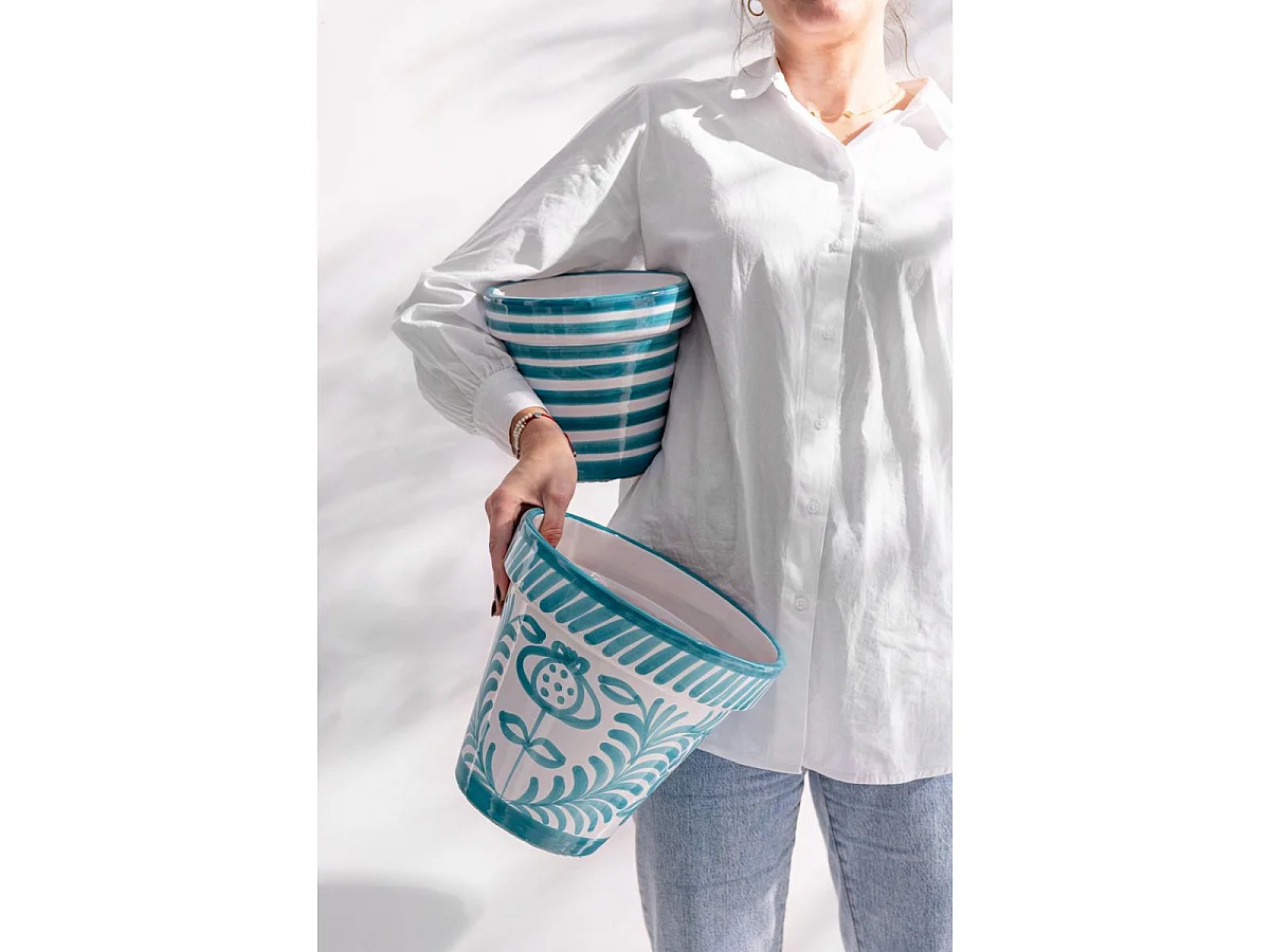 Pot Avec Soucoupe en Céramique "Granada Rayure" 21cm Bleu Aqua