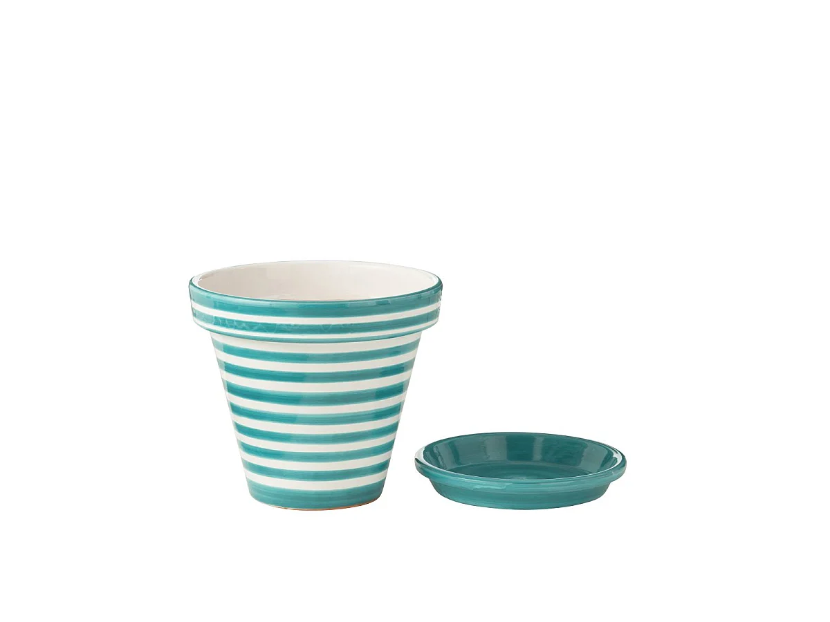 Pot Avec Soucoupe en Céramique "Granada Rayure" 35cm Bleu Aqua