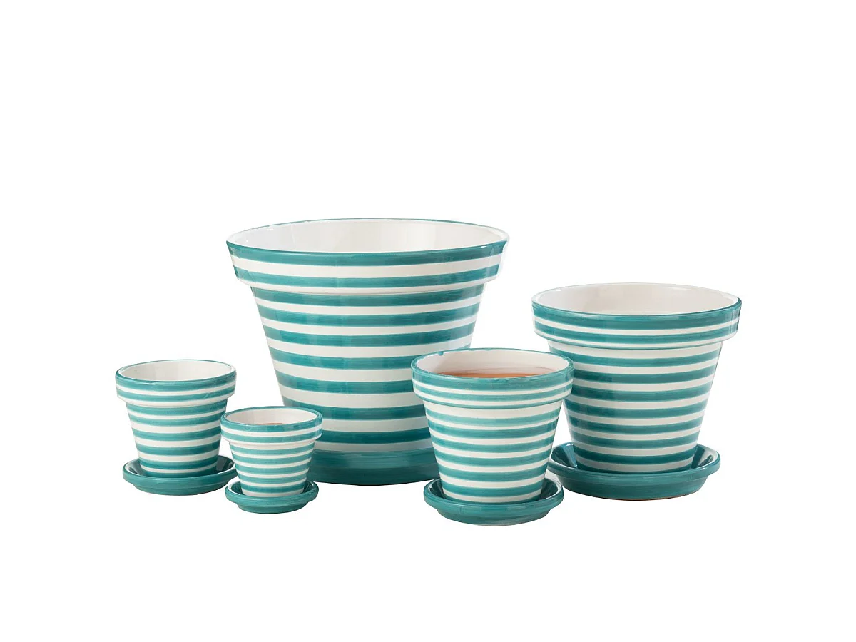 Pot Avec Soucoupe en Céramique "Granada Rayure" 35cm Bleu Aqua