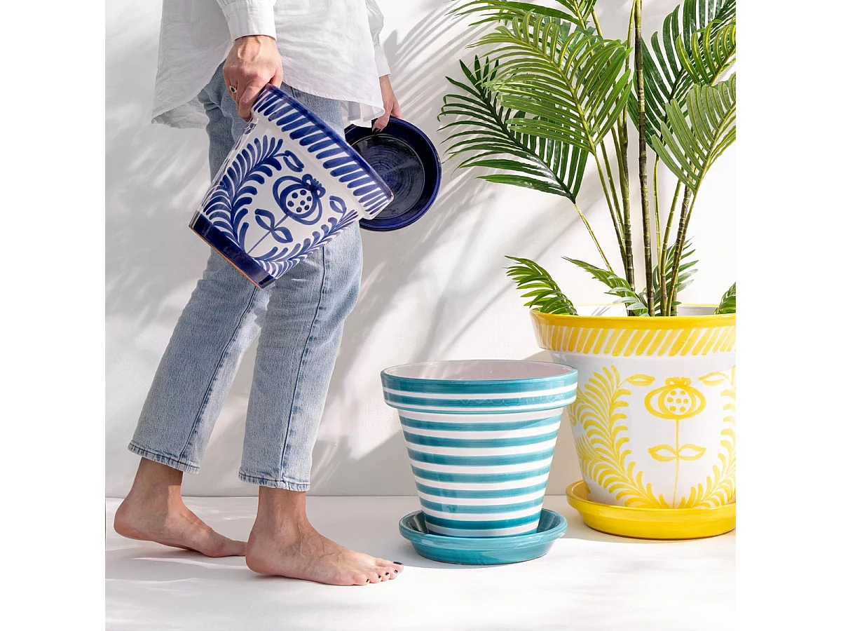 Pot Avec Soucoupe en Céramique "Granada Rayure" 35cm Bleu Aqua