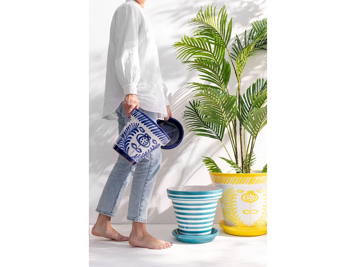 Pot Avec Soucoupe en Céramique "Granada Rayure" 35cm Bleu Aqua