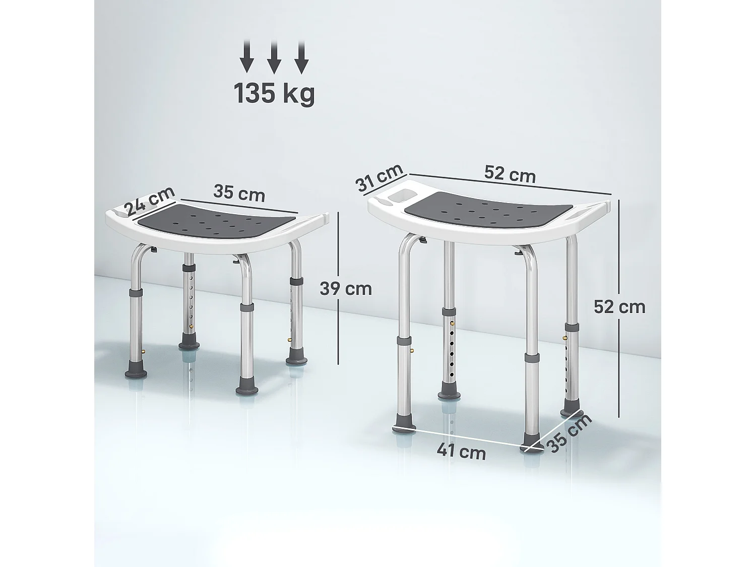 Siège de douche réglable en hauteur tabouret de douche ergonomique pieds antidérapants charge max. 135 Kg alu HDPE blanc gris