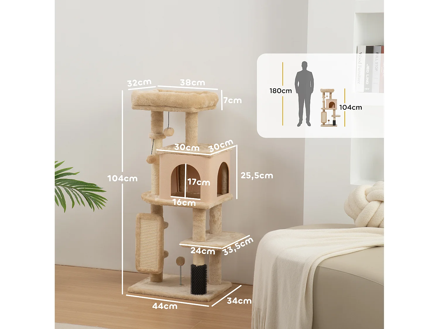 Arbre à chat H.104 cm - griffoir, grattoir, bande massante, jeux boules, niche, plateforme observation - beige