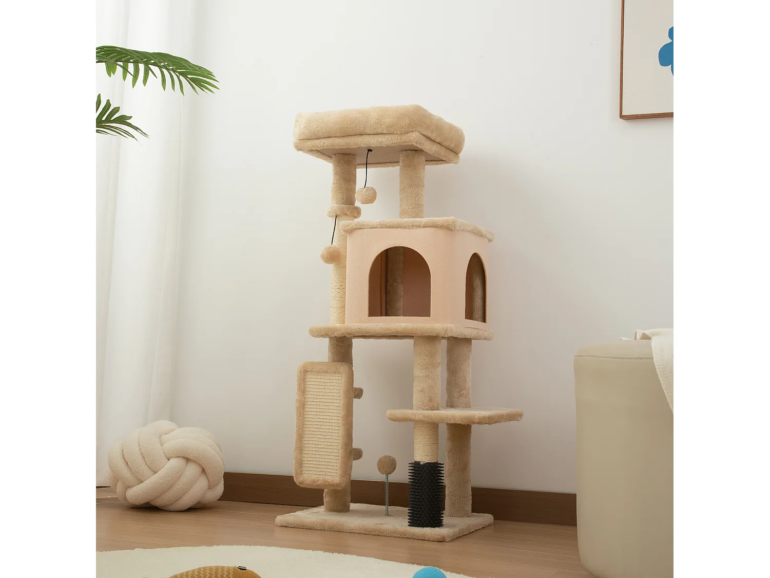 Arbre à chat H.104 cm - griffoir, grattoir, bande massante, jeux boules, niche, plateforme observation - beige