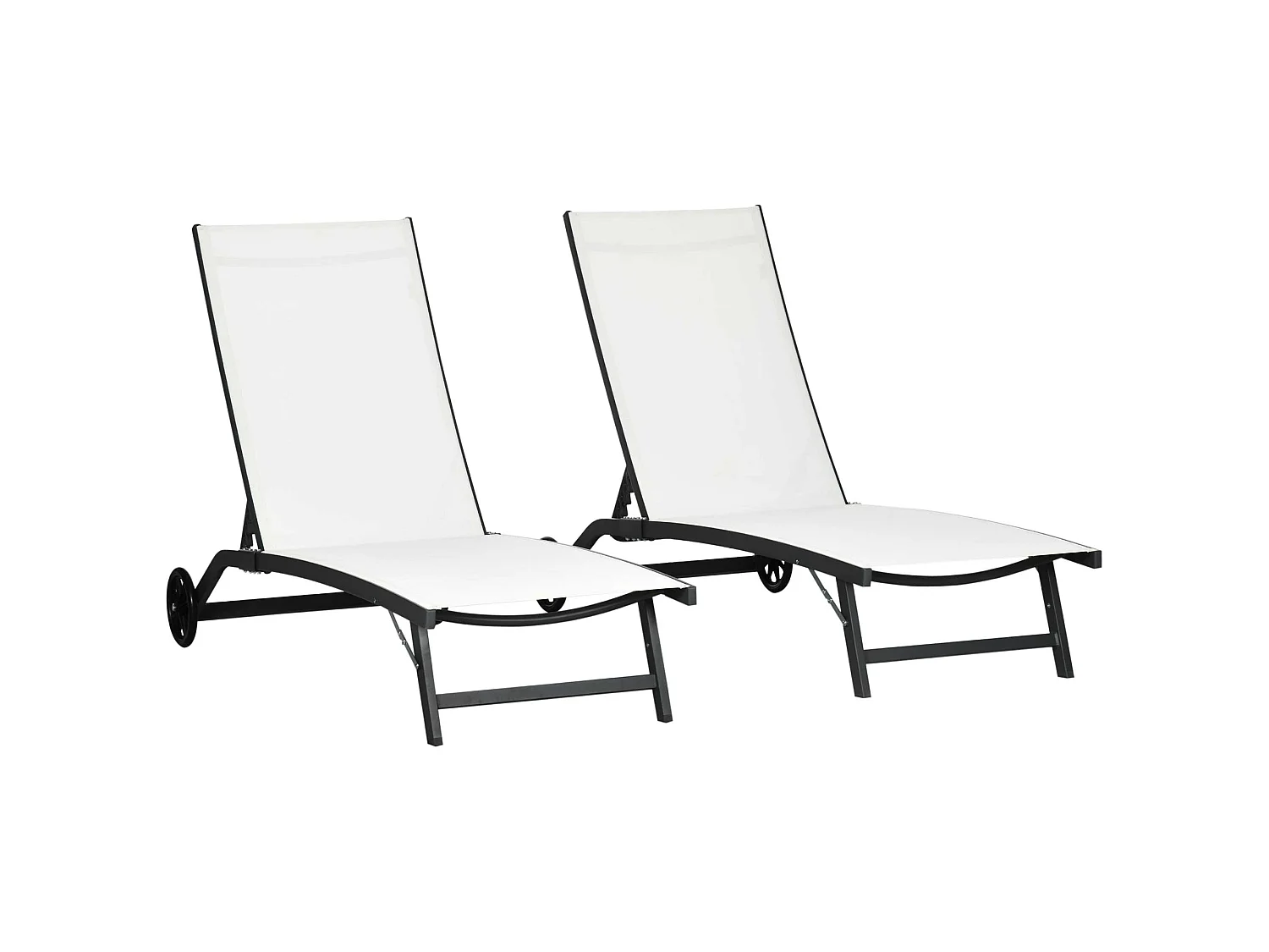 Lot de 2 bains de soleil transats inclinables - 2 roulettes - alu. textilène crème