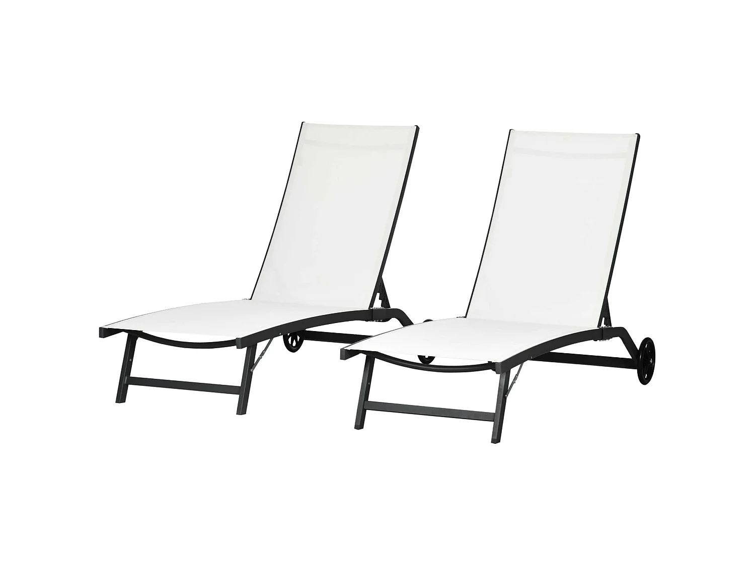 Lot de 2 bains de soleil transats inclinables - 2 roulettes - alu. textilène crème