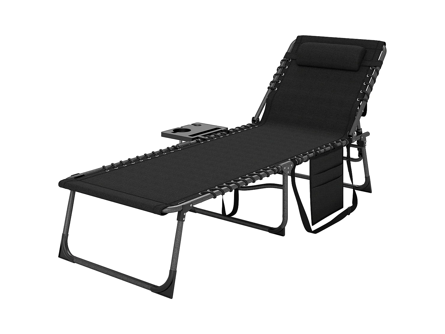 Bain de soleil transat pliable inclinable avec poignée, plateau et pochette rangement acier oxford noir