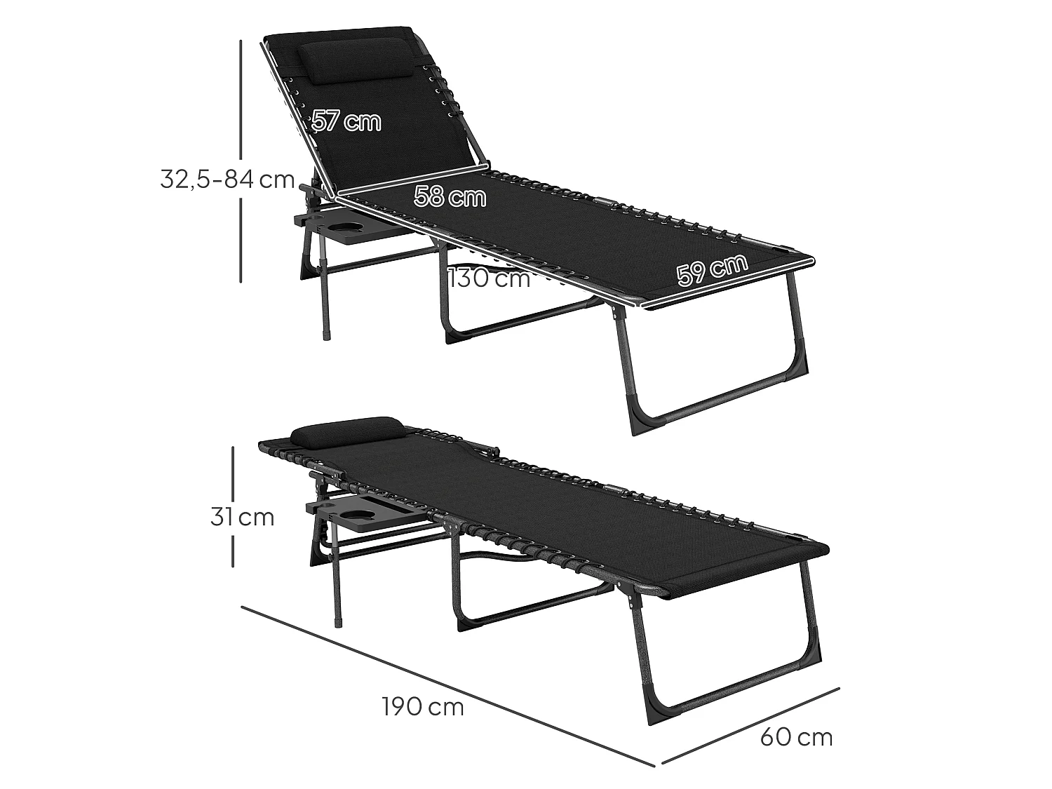 Bain de soleil transat pliable inclinable avec poignée, plateau et pochette rangement acier oxford noir