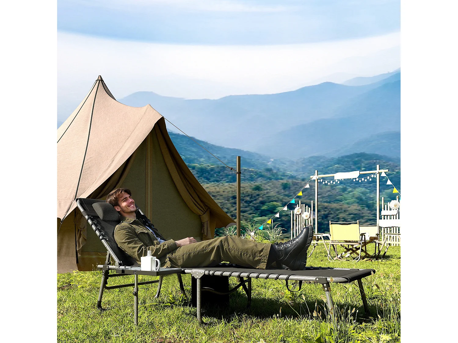 Bain de soleil transat pliable inclinable avec poignée, plateau et pochette rangement acier oxford noir